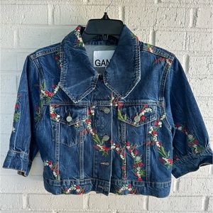 Gianni Organic Floral Embroidered Puffed Sleeve Cropped Denim Jacket